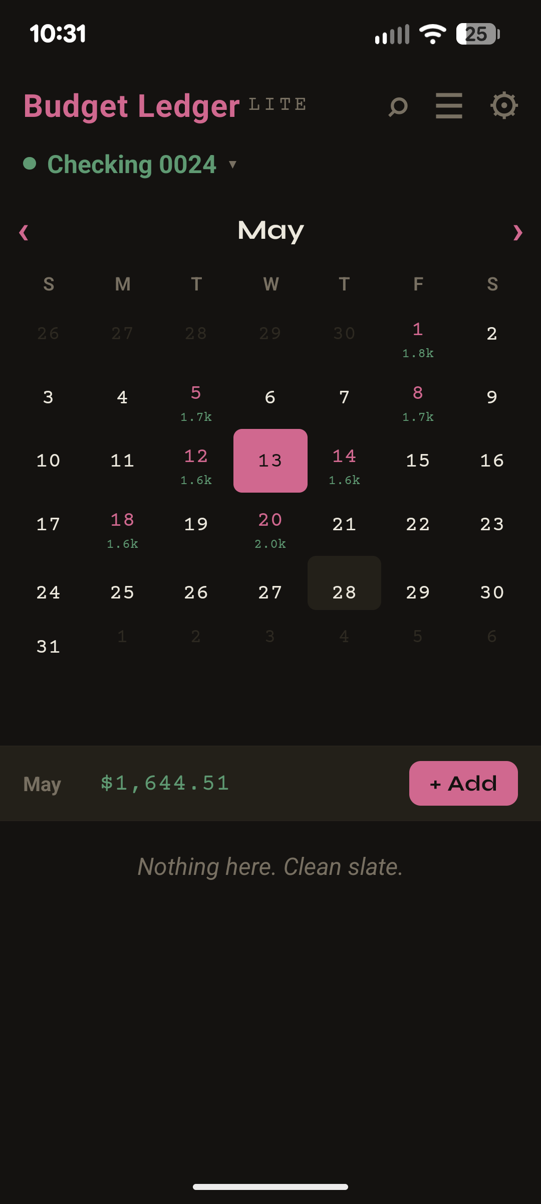 Budget Ledger Lite calendar view