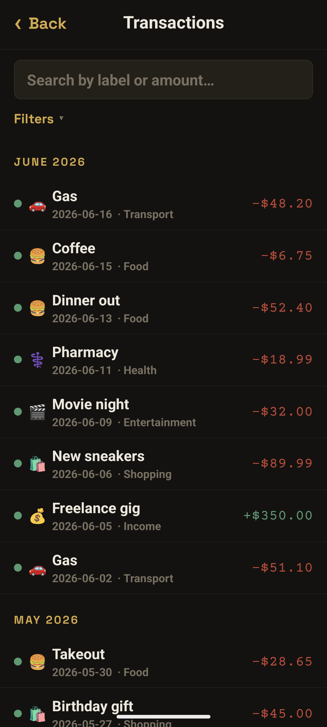 Searchable transaction history